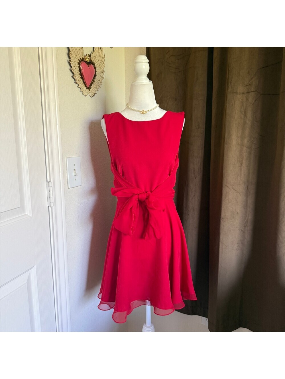 Vintage 90s Tempo Paris Tie Detail Mini Dress Women's 4 Red Fairycore Coquette